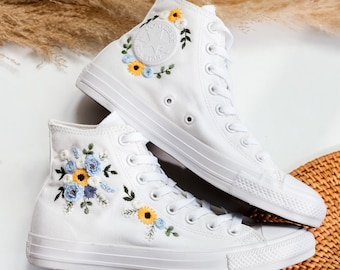 Wedding Converse, Flower Embroidered Shoes, Bridal Floral Embroidered Converse for Bride, Blue Flower Embroidery Sneakers, White Shoes
