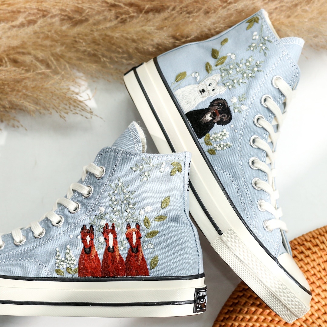 Custom Embroidered Converse Shoes, Horse and Dog Embroidered Shoes