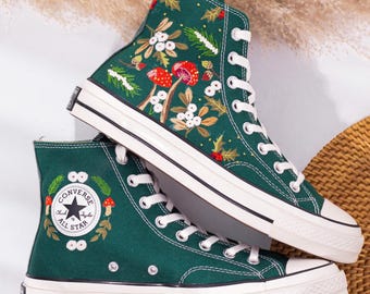Custom Embroidered Converse Chuck Taylor, Converse Embroidery Wildflowers, Garden Flower and Cat Embroidered Shoes, Unique Gifts for Her