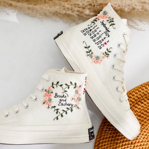 Wedding Converse Embroidered Flower, Floral Embroidery Bridal Converse Custom, Name, Date Embroidered Wedding Shoes, Wedding Gift for Bride