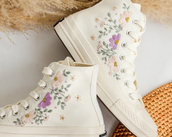Converse de boda, zapatillas de novia con bordado de flores personalizadas, Converse con bordado floral, Converse con bordado de flores, zapatos bordados a mano