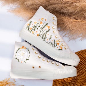 Custom Wedding Platform Shoes, Wedding Flowers Embroidered Shoes, Bridal Flowers Embroidered Converse, Wedding Flowers Embroidered Sneakers