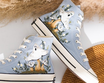 Zapatillas altas Converse personalizadas con bordado de Halloween, zapatillas con bordado de fantasmas, bonitas zapatillas de Halloween, Converse personalizadas únicas, regalo para Halloween