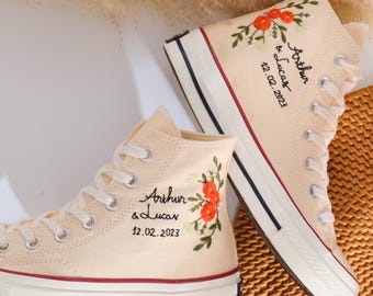 Zapatillas altas Converse para boda, nombre de la pareja, zapatos de novia con flores bordadas, Converse con flores bordadas para boda, zapatillas de novia personalizadas
