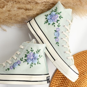 Custom Embroidered Converse High Tops, Blue Flower Embroidered Converse Shoes, Blue and Purple flowers Embroidered Sneakers, Gifts for Her