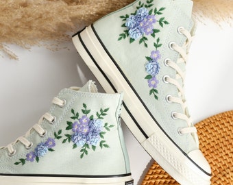 Custom Embroidered Converse High Tops, Blue Flower Embroidered Converse Shoes, Blue and Purple flowers Embroidered Sneakers, Gifts for Her