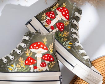 Custom Embroidered Converse Chuck Taylor High Top, Shoes Embroidery Mushroom Forest, Embroidered Sneakers Cottagecore Style, Birthday Gift