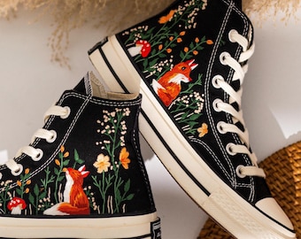 Custom Fox Embroidered Converse, Converse Sneakers Embroidery Fox, Floral Garden, Mushrooms and Flowers Embroidery Shoes, Unique Gift Idea