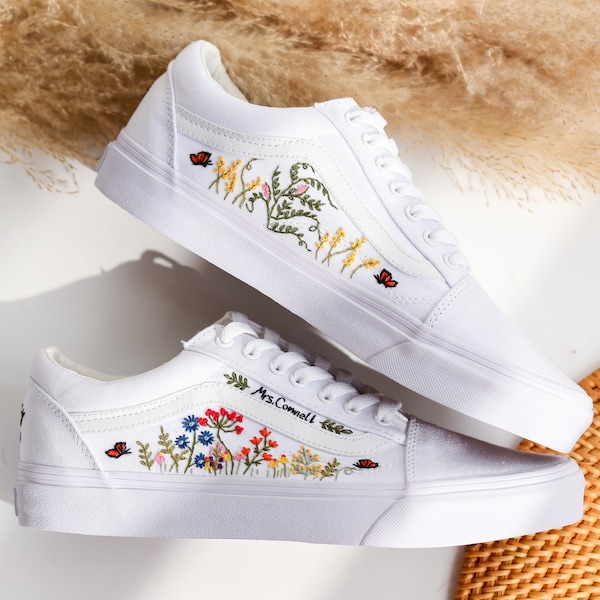Wedding Vans for Bride and Groom, Flowers Embroidered Vans for Women, Custom Floral Embroidery Vans Slip On, Personalized Bridal Sneaker