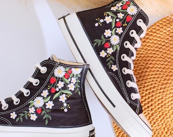 Custom Embroidered Converse Shoes – White Floral & Strawberry Embroidered Converse Shoes, Custom Converse Embroidery Flowers, Gift for Her
