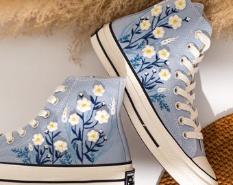 Custom Embroidered Converse High Top Baby Blue, Wildflower Embroidery Converse Shoes, Floral Embroidered Sneakers For Bride, Girlfriend Gift