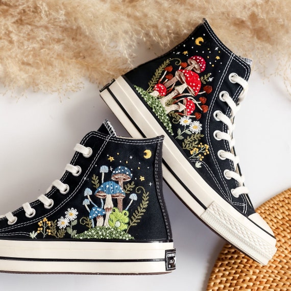Embroidered Converse Mushroom and Frog Converse High Tops Chuck Taylor Embroidered Frog Mushroom Mushrooms Embroidered Converse Custom Etsy