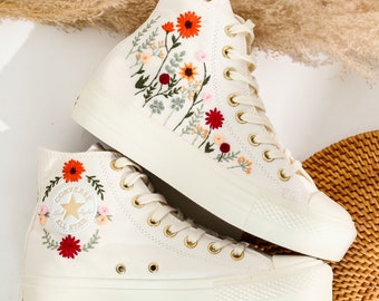 Wedding Sneakers Platform for Bride, Bridal Flower Embroidered Converse Platform, Name and Date Embroidered Shoes, Personalized Bridal Shoes
