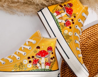 Mushroom Shoes, Mushroom Embroidered Converse Yellow, Frog Embroidered Sneaker, Custom Converse Embroidery Mushroom, For Mushroom Girls