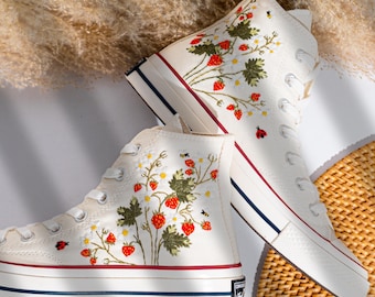 Zapatillas Chuck 70 con bordado de naturaleza, Converse de caña alta con diseño de fresa bordado personalizado, Converse personalizados únicos, regalos para mujer
