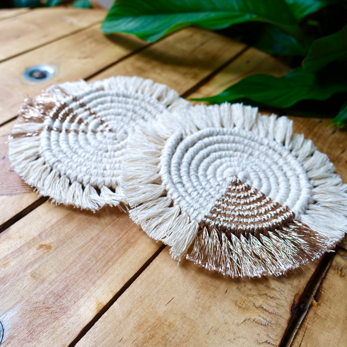 Set De Sous-verres En Macramé Fait Main - Vert, Jaune Et Blanc - Déco Bohème (lot De 4)