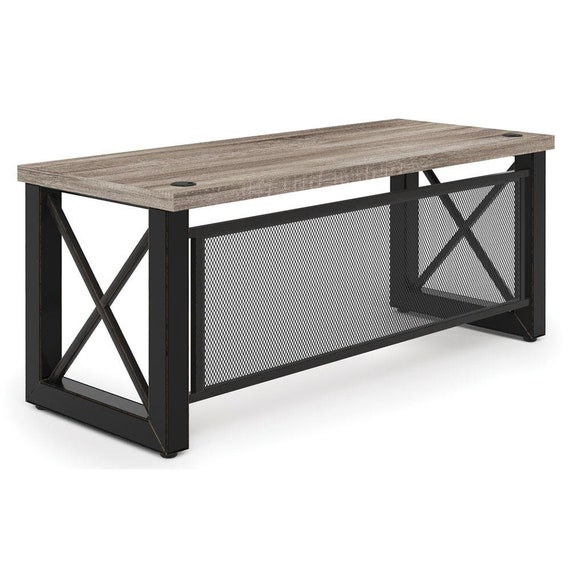 Industrial Desk With Metal X Base and Metal Mesh Modesty Panel
