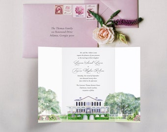 Gatefold Wedding Invitation with Hand-painted Watercolor Artwork of The Governor Thomas Bennett House in Charleston, South Carolina