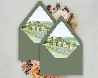 Tuscany Envelope Liners Featuring an Original, Hand-painted Watercolor of Borgo di Pietrafitta in Tuscany, Italy