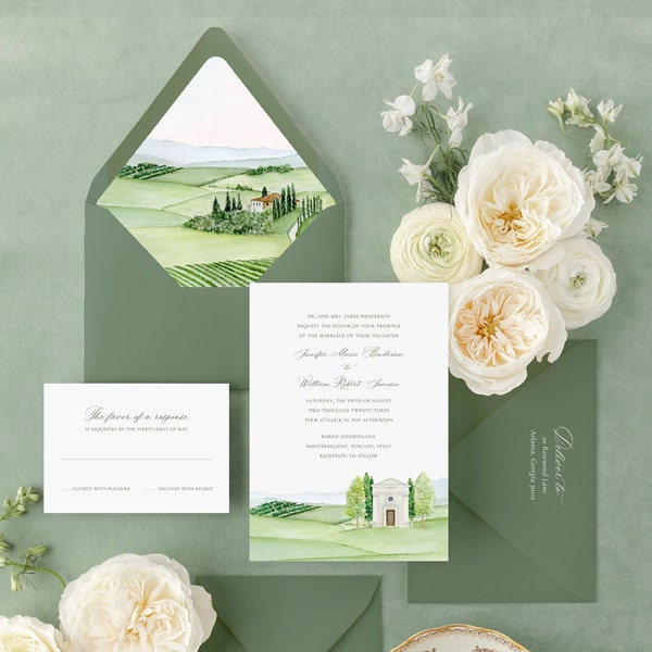 Tuscan Wedding Invitation Suite Featuring an Original Watercolor of Tuscany Italy Val d'Orcia and Chapel Vitaleta