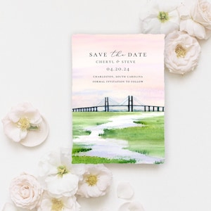 Charleston Wedding Invitations Printed on Handmade Paper or Cardstock |Original Watercolor of Ravenel Bridge in Charleston, South Carolina
