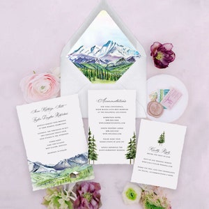 Mountain Wedding Invitation Suite Featuring an Original Watercolor of Mountain Landscapes