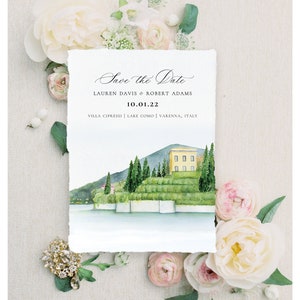 Villa Cipressi Lake Como Italy Save the Date Wedding Invitations Featuring an Original Watercolor of Villa Cipressi Lake Como, Italy