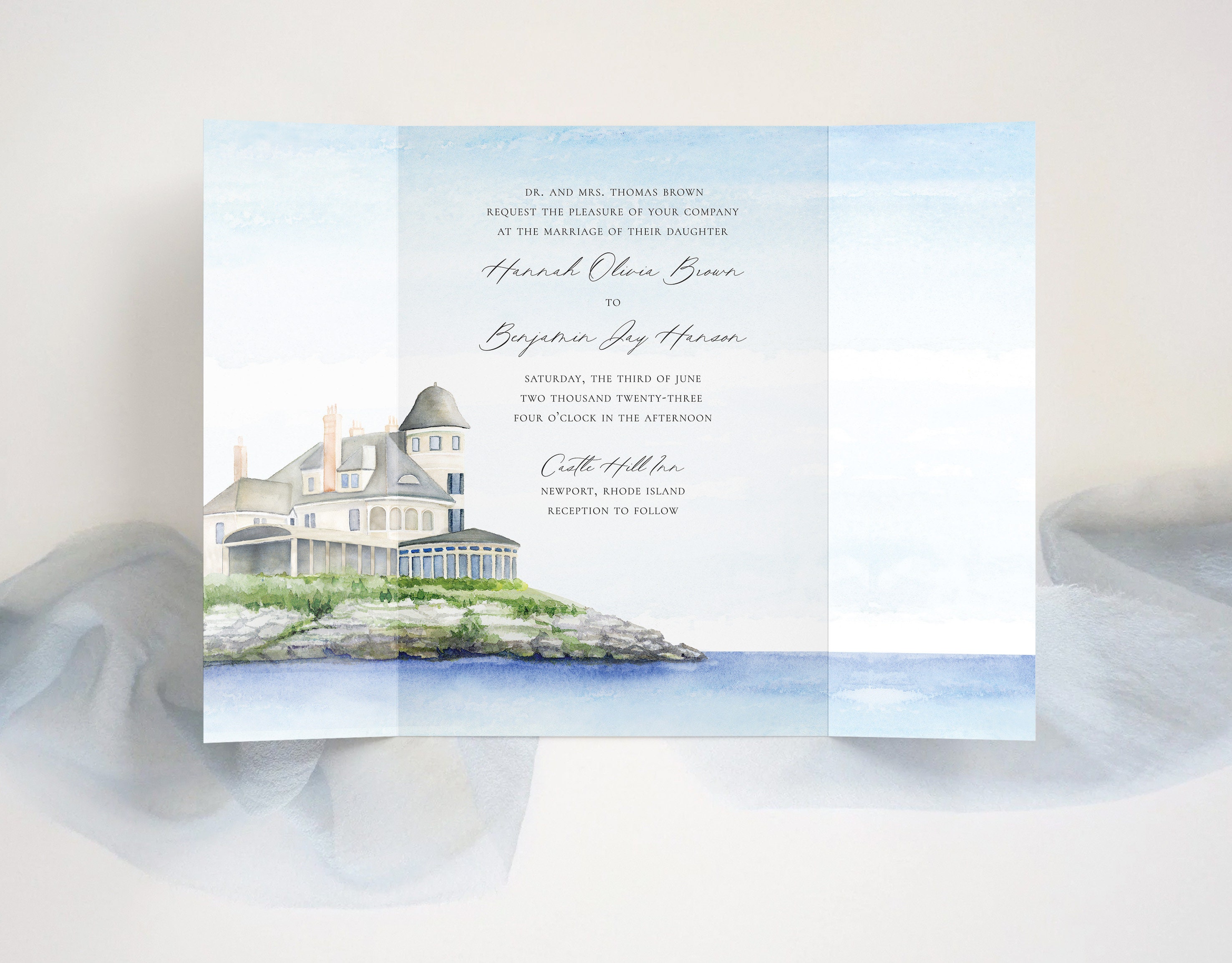 Castle Hill Wedding Invitations Featuring Original Hand-painted Watercolor Paintings of Castle Hill Inn and Newport Harbor in Rhode Island