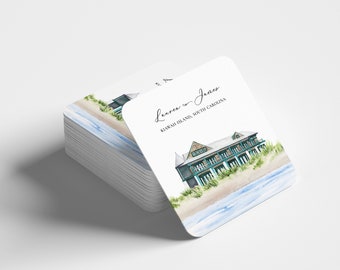 Kiawah Island South Carolina Personalized Coaster with Watercolor Venue Painting of the Sandcastle, Save the Date Alternative