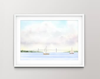Newport Rhode Island Watercolor Art Print of an Original, Hand-painted Watercolor of Sailboats in the Newport Harbor in Rhode Island