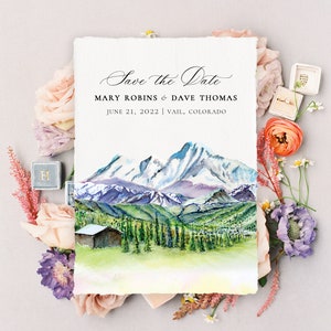 Mountain Watercolor Save the Dates, Handmade Paper Save the Date Cards, Wedding Save the Date Cards, Deckle Edge Paper Save the Date