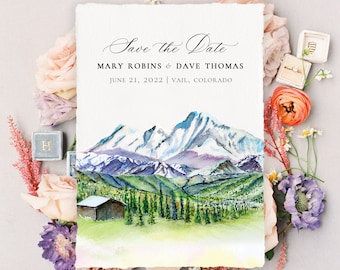 Mountain Watercolor Save the Dates, Handmade Paper Save the Date Cards, Wedding Save the Date Cards, Deckle Edge Paper Save the Date