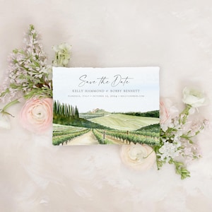 May include: Save the Date card with a watercolor illustration of a vineyard in Tuscany, Italy. The text reads "Save the Date, Kelly Hammond & Bobby Bennett, Florence, Italy, October 12, 2024, kellyanibor.com".