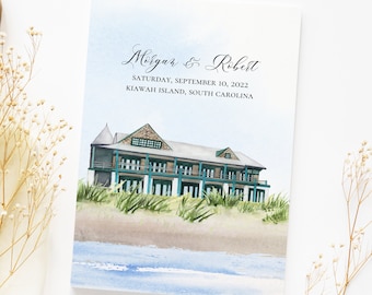 Wedding Guest Book with Custom Watercolor of the Sandcastle Wedding Venue in Kiawah Island, South Carolina | Hard Cover Wedding Guest Book