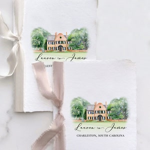 Wedding Vow Books with Watercolor of Middleton Place in Charleston, South Carolina Printed on Handmade Paper with Deckled Edges