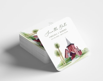 Personalized Jekyll Island Club Resort Wedding Coaster with Watercolor Venue Painting of Faith Chapel, Save the Date Alternative