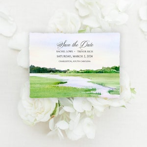 Marsh Wedding Invitations Featuring an Original Watercolor of a Marsh Landscape Printed on Handmade Paper or Cardstock