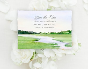 Marsh Wedding Invitations Featuring an Original Watercolor of a Marsh Landscape Printed on Handmade Paper or Cardstock