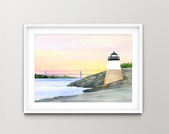Castle Hill Lighthouse Watercolor Art Print of an Original, Hand-painted Watercolor of Castle Hill Lighthouse in Newport, Rhode Island