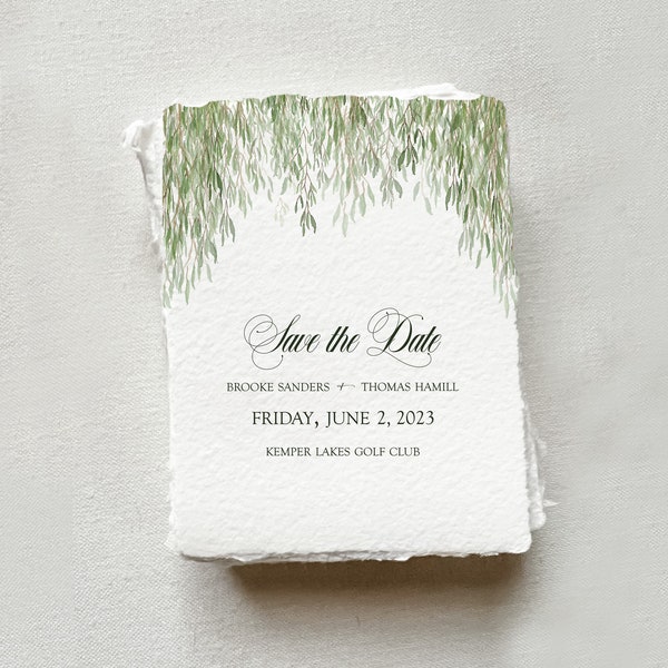 Willow Tree Wedding Invitations Printed on Handmade Paper or Cardstock with Original Watercolor Painting of Willow Tree Branches