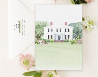 Primrose Cottage Wedding Invitation with Hand-painted Watercolor Artwork of Primrose Cottage in Roswell, Georgia