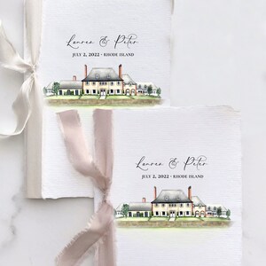 Wedding Vow Books with an Original Watercolor of Shepherd&#39;s Run in Narragansett, Rhode Island Printed on Handmade Paper with Deckled Edges