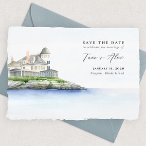 Castle Hill Inn Save the Date Wedding Invitations Printed on Handmade Paper or Cardstock | Featuring an original watercolor of Newport RI