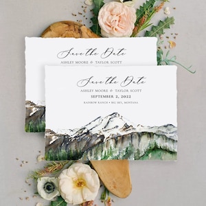 Mountain Watercolor Save the Dates, Handmade Paper Save the Date Cards, Wedding Save the Date Cards, Deckle Edge Paper Save the Date