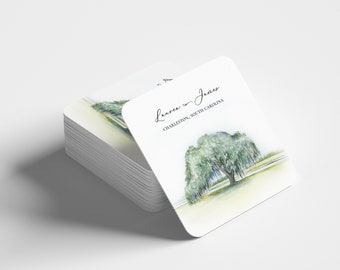 Personalized Wedding Coaster with Watercolor Painting of an Angel Oak Tree in Charleston South Carolina, Save the Date Alternative