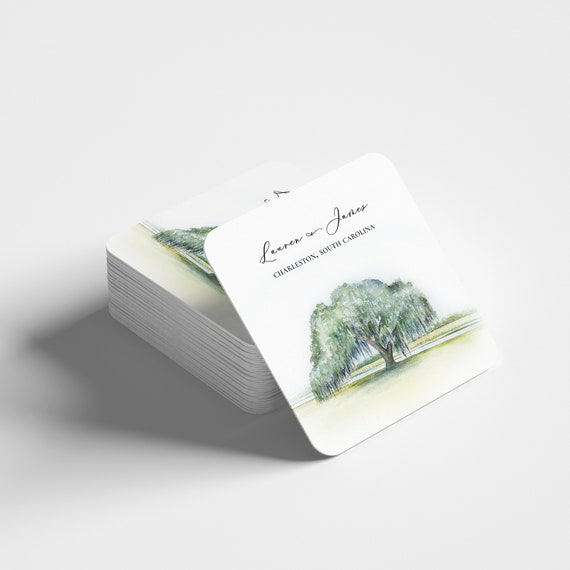 Personalized Wedding Coaster with Watercolor Painting of an Angel Oak Tree in Charleston South Carolina, Save the Date Alternative