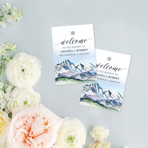 Colorado Mountain Wedding Favor Tags with an Original Watercolor Painting of The Colorado Rocky Mountains | Custom Gift Tags