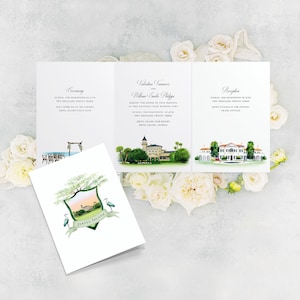 Jekyll Island Watercolor Trifold Wedding Invitation with Original Artwork of Jekyll Island Club Resort, Faith Chapel, and Crane Cottage