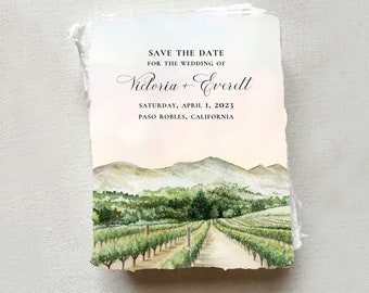 Temecula Wedding Invitations Printed on Handmade Paper of Cardstock | Featuring an Original Watercolor of a Vineyard in California