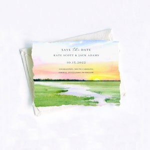 Marsh Wedding Invitations Printed on Handmade Deckled Edge Paper or Cardstock | Featuring a Watercolor of a Lowcountry Marsh Landscape